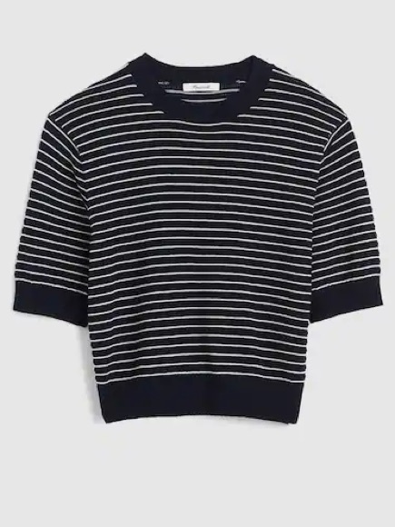 New Madewell Textural-Stitch Crewneck Cotton Sweater Navy Stripe
